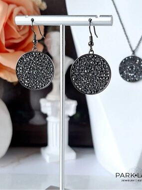 Hendrix Black Crystal Disc Drop Earrings | Hematite | Modern and Edgy | New